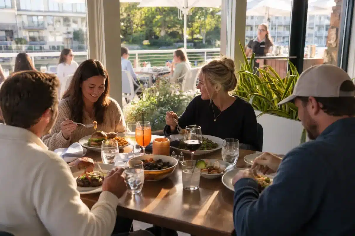 Four friends sharing burgers, salads and drinks at a sunlit wood table by the Weathervane's windows, with diners on the waterfront patio outside